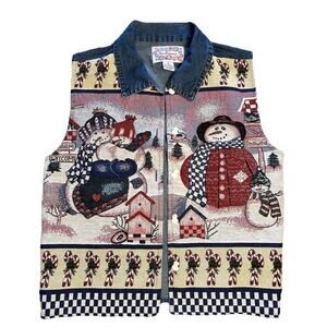 Christmas Snowman Vest Tapestry Holiday Denim Cotton Winter Holiday Medium EUC